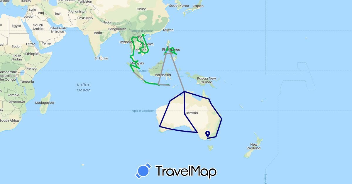 TravelMap itinerary: driving, bus, plane, boat in Australia, Indonesia, Cambodia, Laos, Malaysia, Philippines, Singapore, Thailand, Vietnam (Asia, Oceania)